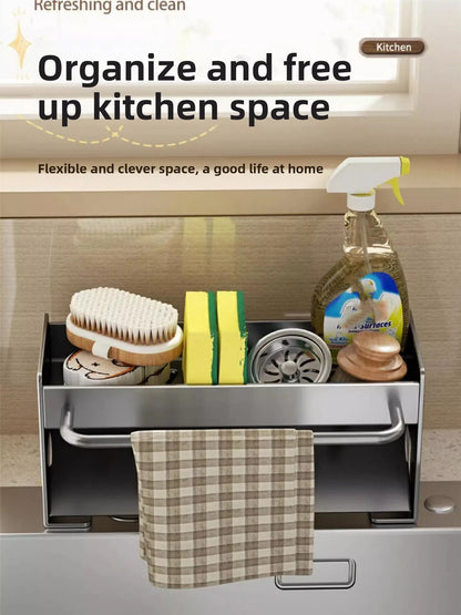 Large Capacity Kitchen Faucet Organizer, Stainless Steel Towel Rack Holder, Multifunctional Sink Side Drain Rack, Space Saver