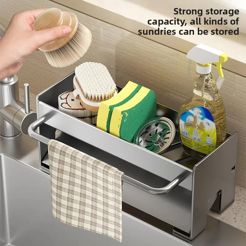 Large Capacity Kitchen Faucet Organizer, Stainless Steel Towel Rack Holder, Multifunctional Sink Side Drain Rack, Space Saver