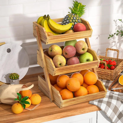 Wooden 3 Tier Fruit Basket, Brown, Pine Wood, Sturdy, Self-assembly