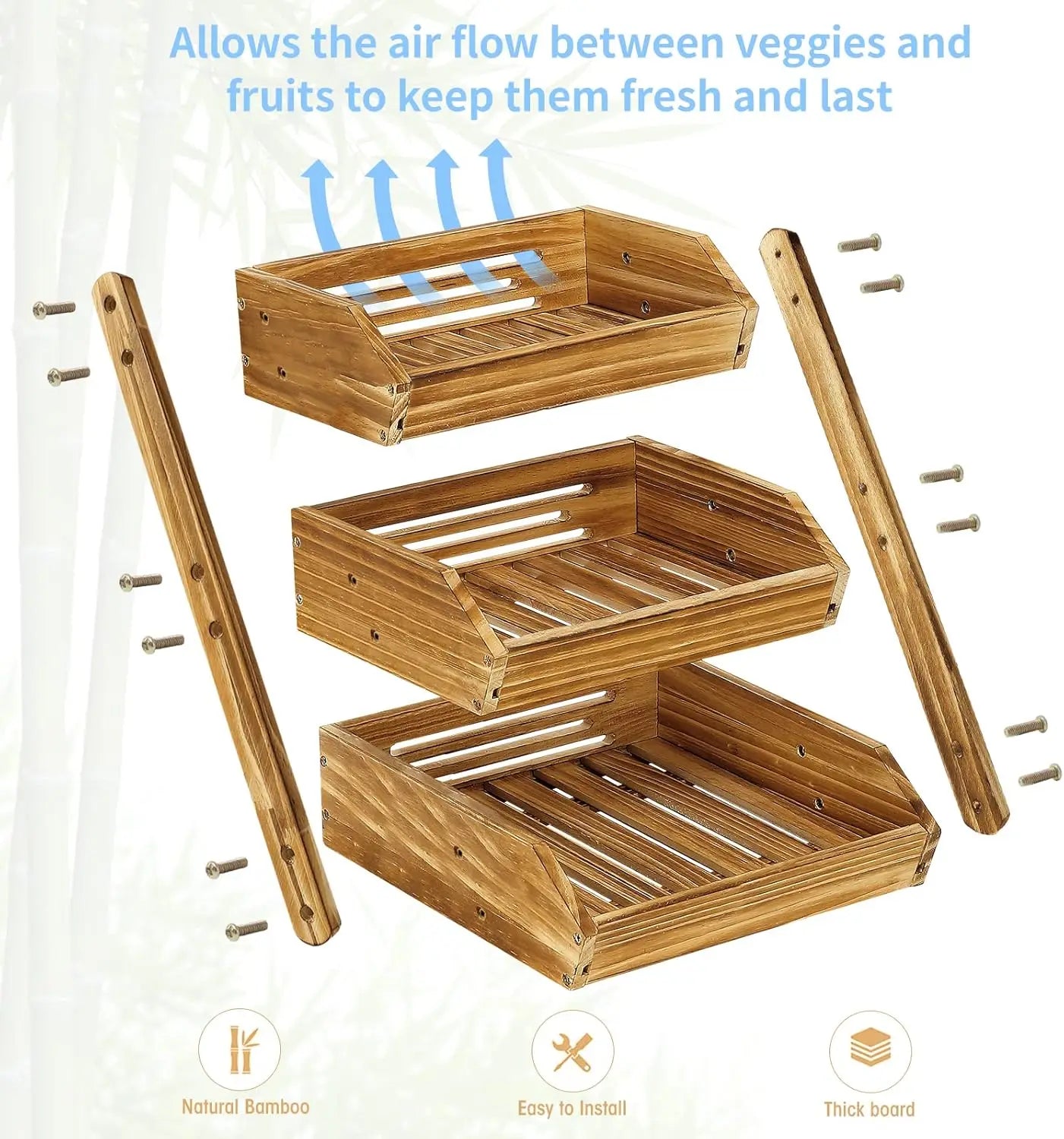 Wooden 3 Tier Fruit Basket, Brown, Pine Wood, Sturdy, Self-assembly